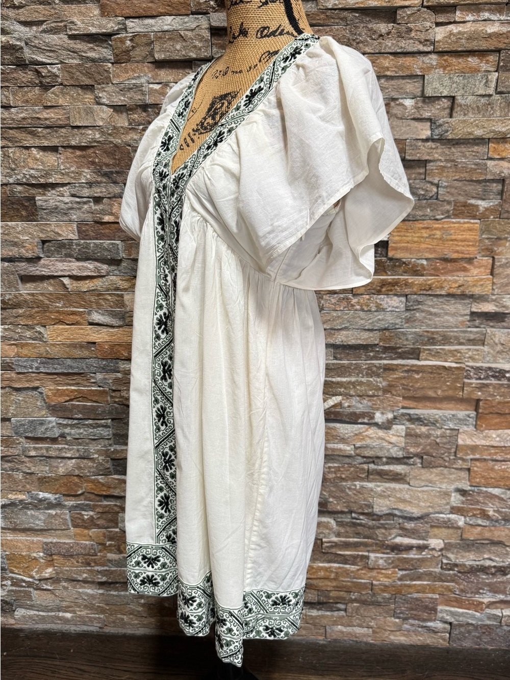 ANTIK BATIK Boho Chic Embroidered Beaded Sequin Flutter Sleeve Cotton Dress Med - Picture 4 of 14